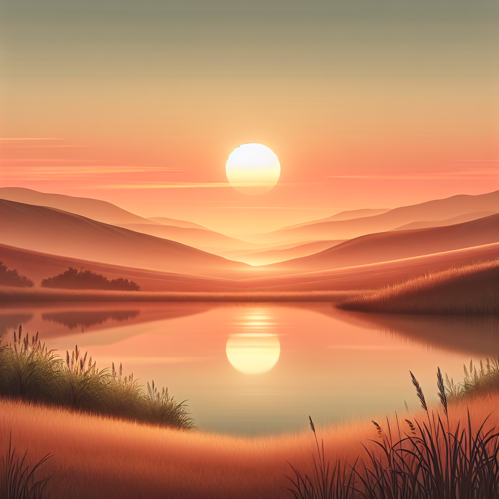 A tranquil sunrise over a serene landscape, with soft hues of orange and pink reflecting on a calm lake, symbolizing the start of a mindful day and the beauty of living in the present moment.