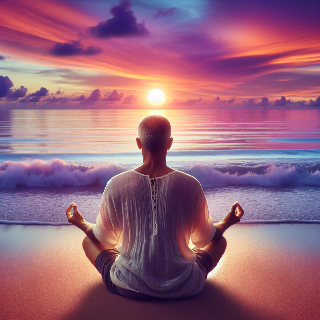 A tranquil scene of a person meditating on a serene beach at sunset, with soft waves and a vibrant sky illustrating the journey towards inner peace amidst a chaotic world.