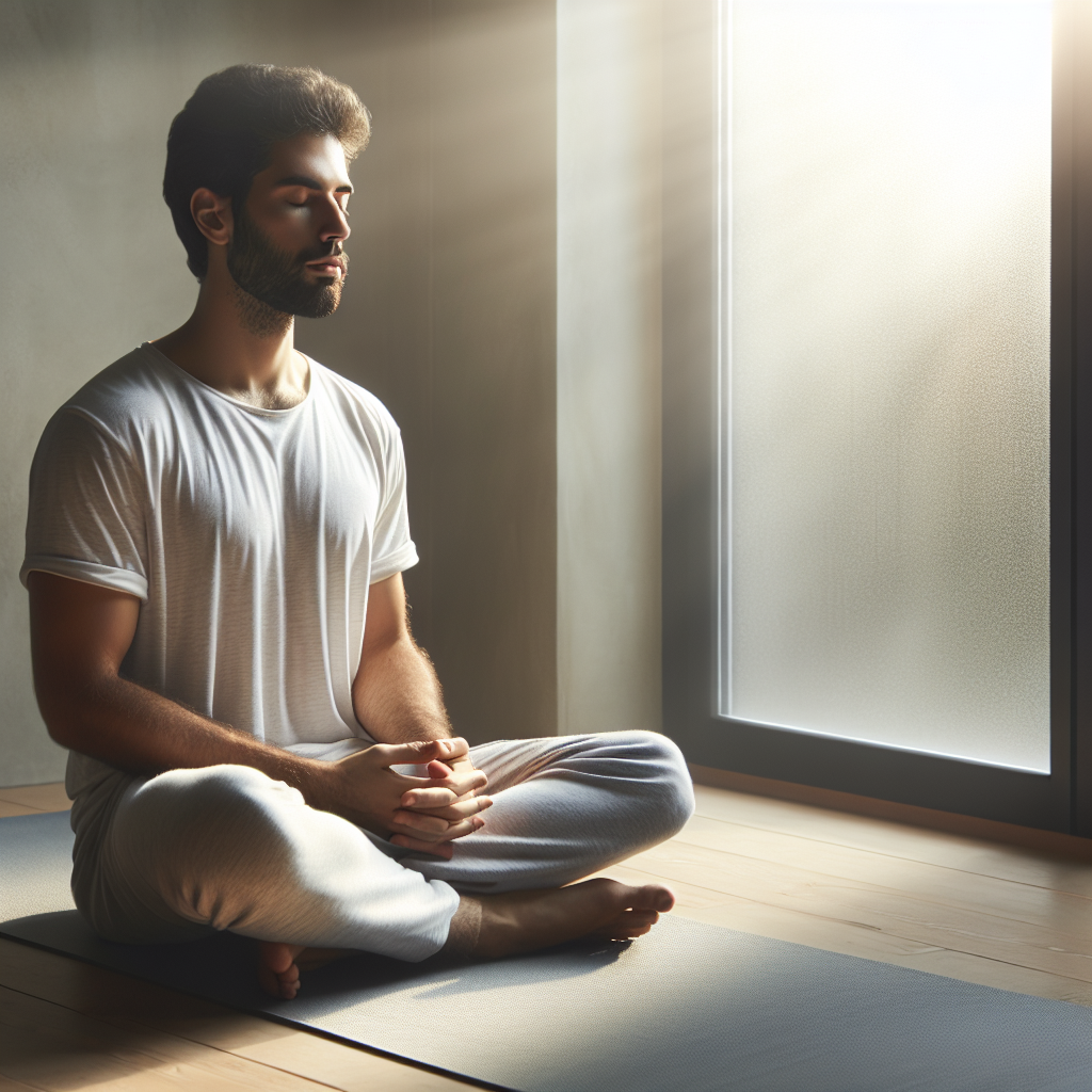 A serene morning scene featuring a person sitting cross-legged on a yoga mat by a large window, eyes closed, and hands gently resting on their knees. Soft natural light filters through the window, highlighting the peaceful expression on their face as they focus on their breath.