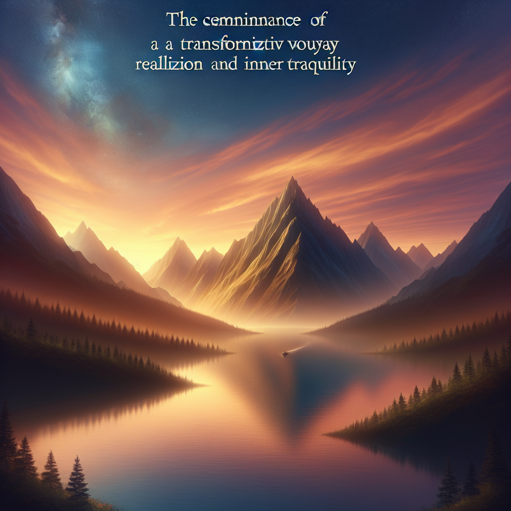 A serene sunrise over a tranquil mountain range, symbolizing the beginning of a transformative journey towards self-discovery and inner peace.