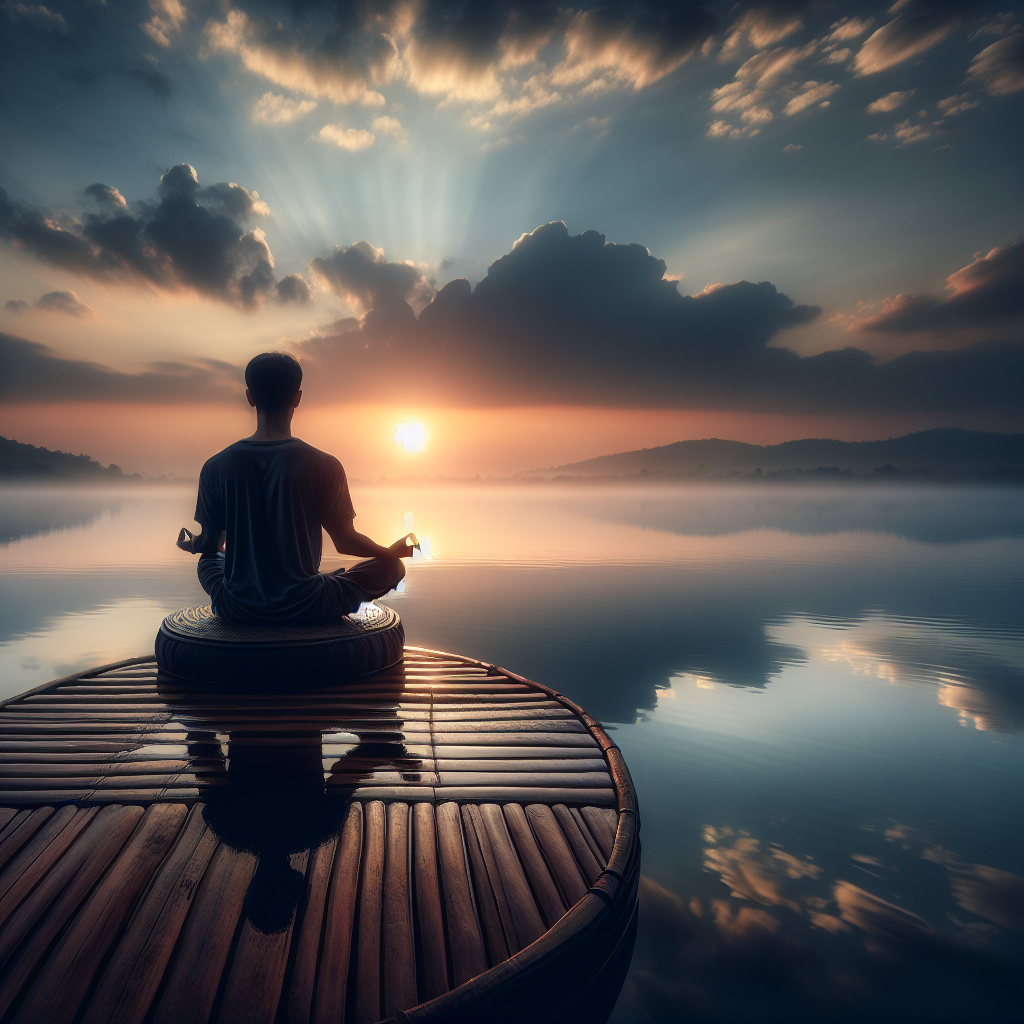 A tranquil scene of a person sitting in a lotus position on a wooden platform overlooking a calm lake at sunrise, with soft mist rising from the water, embodying mindfulness and inner serenity.