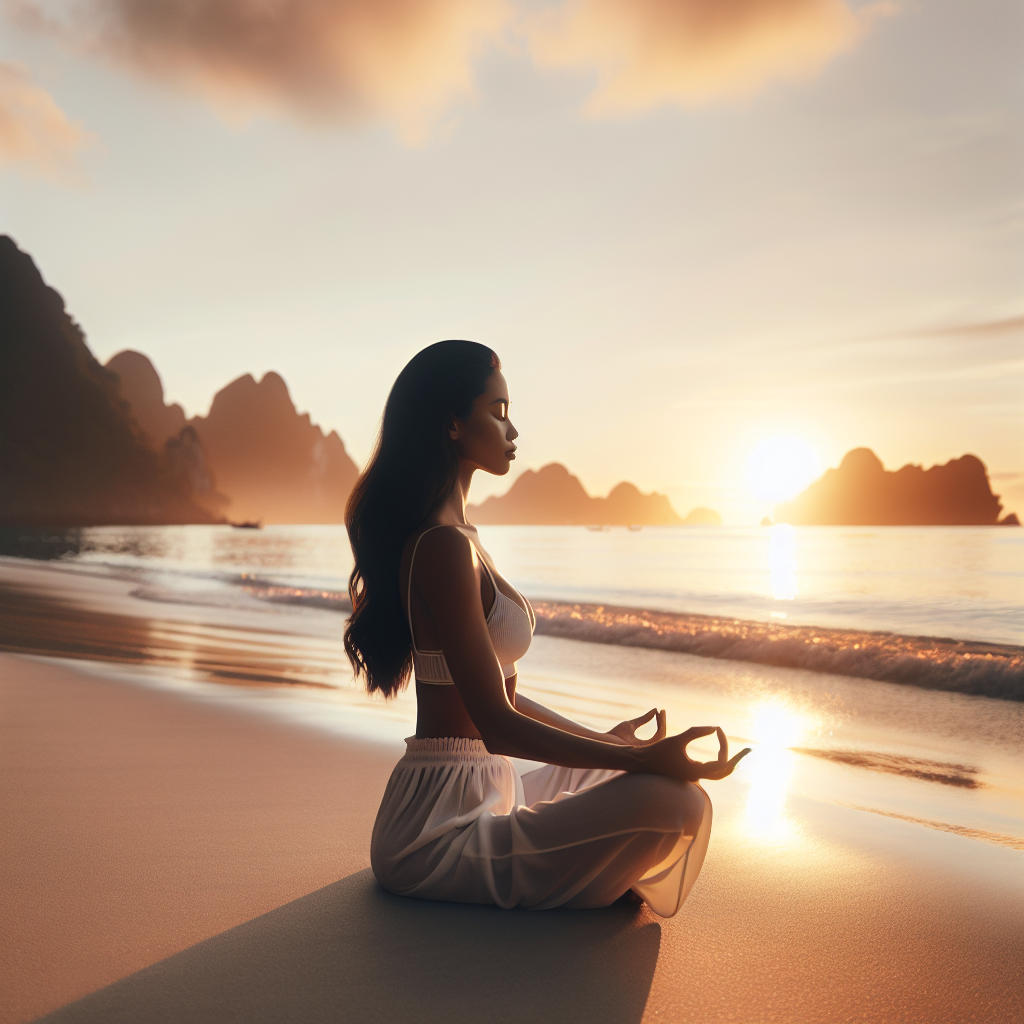 A peaceful scene of a person sitting in a lotus position on a serene beach at sunrise, eyes closed and hands resting gently on their knees, embodying the essence of mindfulness and inner tranquility.