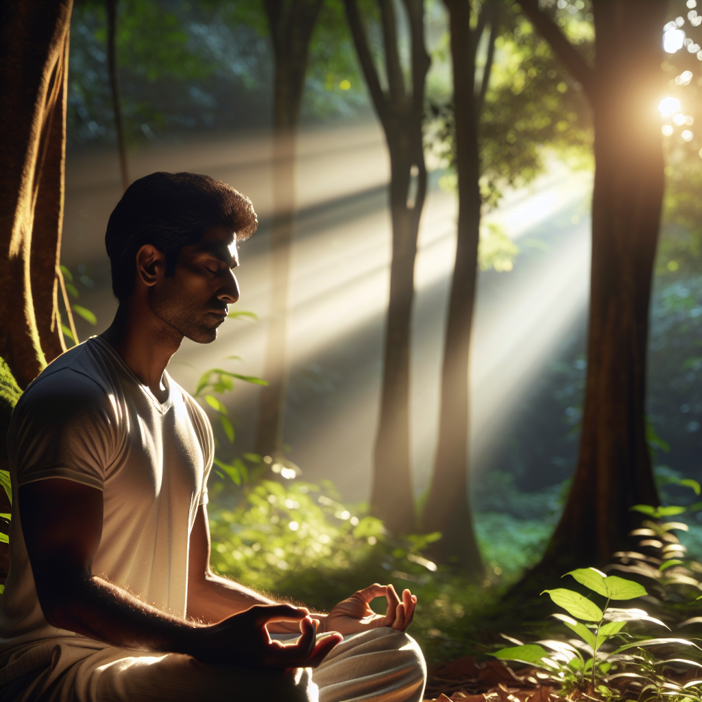 A serene individual seated in a peaceful forest clearing at sunrise, eyes closed and hands resting gently on their knees, exuding calm and focus as morning light filters through the trees.