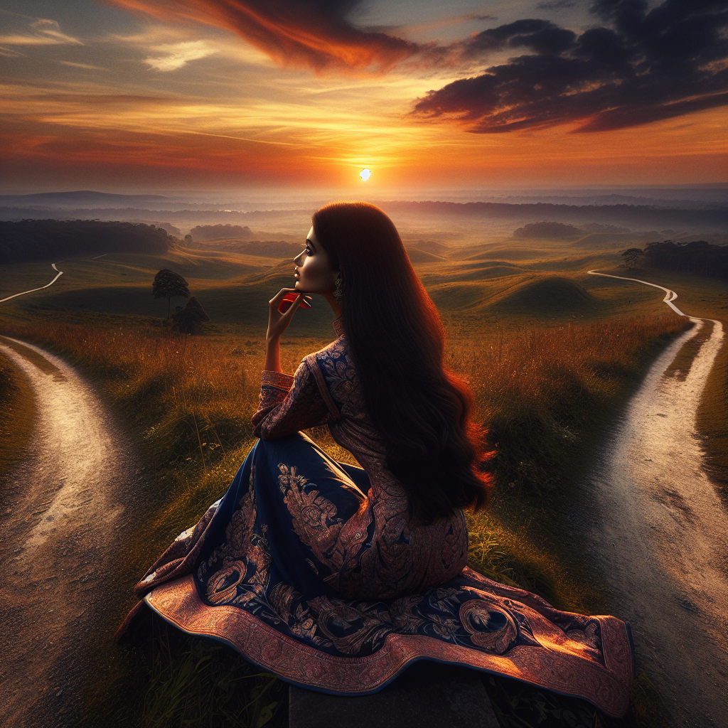 An evocative image of a person standing at a crossroads in a beautiful, open landscape during sunset, symbolizing the acceptance of change and the beginning of a new journey.