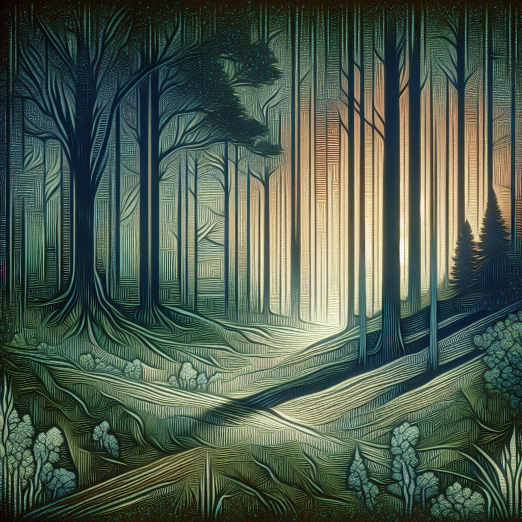 A serene, dense forest with a faint, incomplete map overlay, symbolizing the journey into the depths of the psyche and the exploration of hidden aspects of the self.