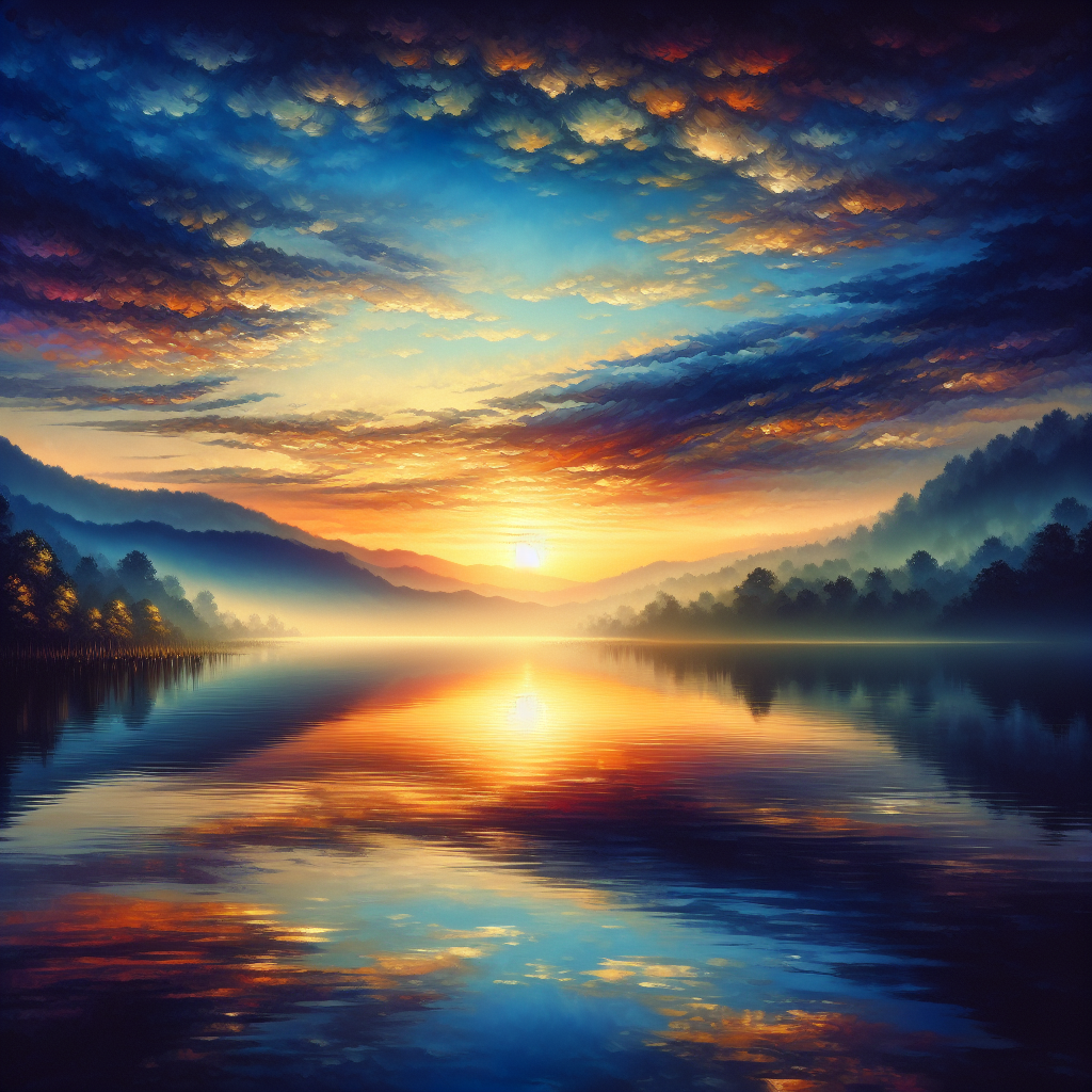 A serene sunrise over a calm lake, symbolizing new beginnings and the peaceful start to a day filled with gratitude and appreciation.
