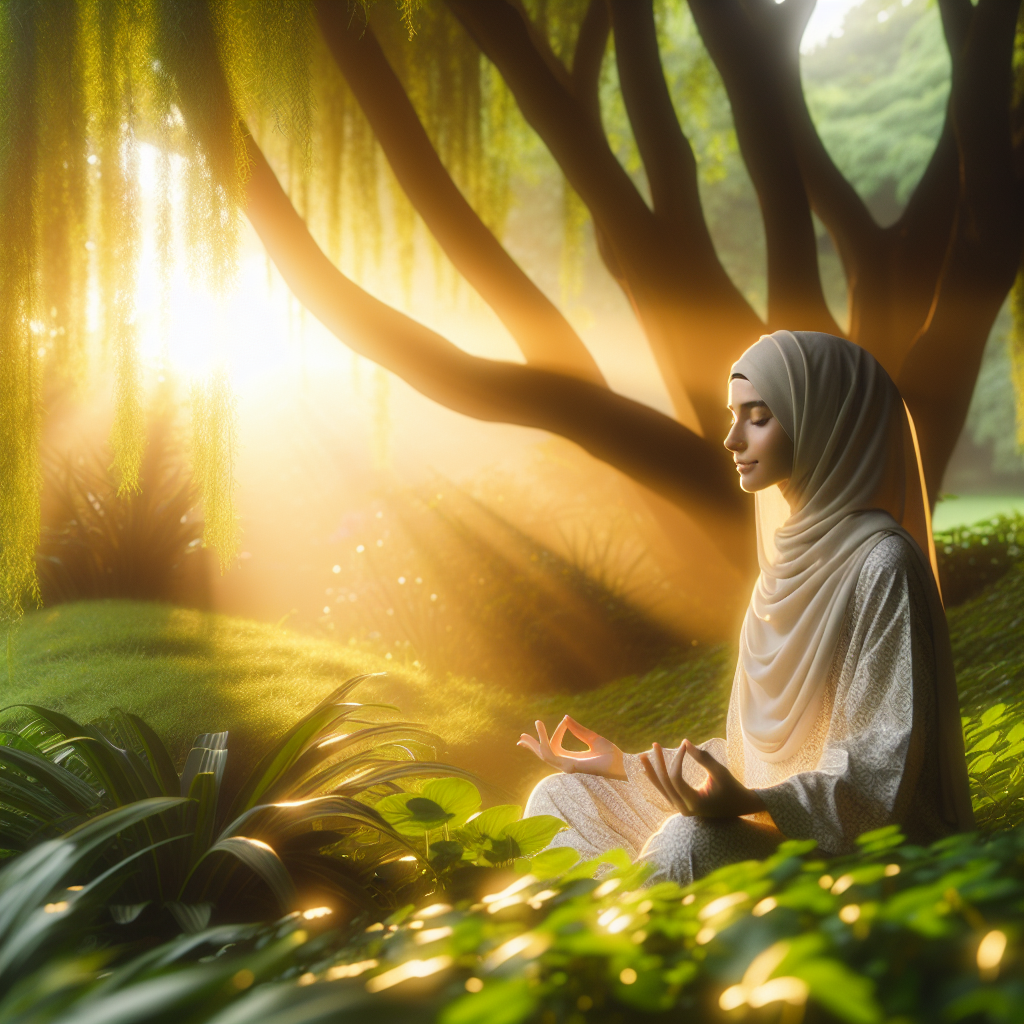 A tranquil scene of a person practicing meditation in a lush, green garden during sunrise. Soft sunlight filters through the trees, highlighting the individual's calm and focused expression, embodying the essence of mindfulness and presence.