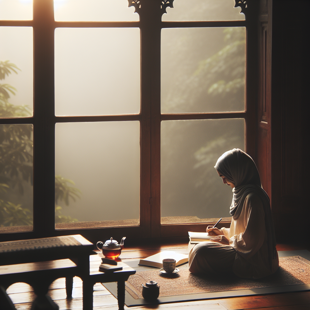 A serene morning scene with a person sitting on a yoga mat by a large window, journaling with a cup of tea beside them. Soft natural light filters through the window, highlighting a peaceful and intentional start to the day.