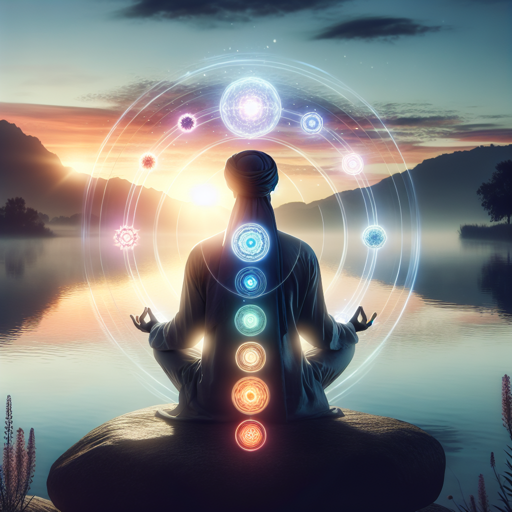 A tranquil scene of an individual meditating by a calm lake at sunrise, surrounded by vibrant chakra symbols softly glowing around them, capturing the essence of inner peace and energy alignment.