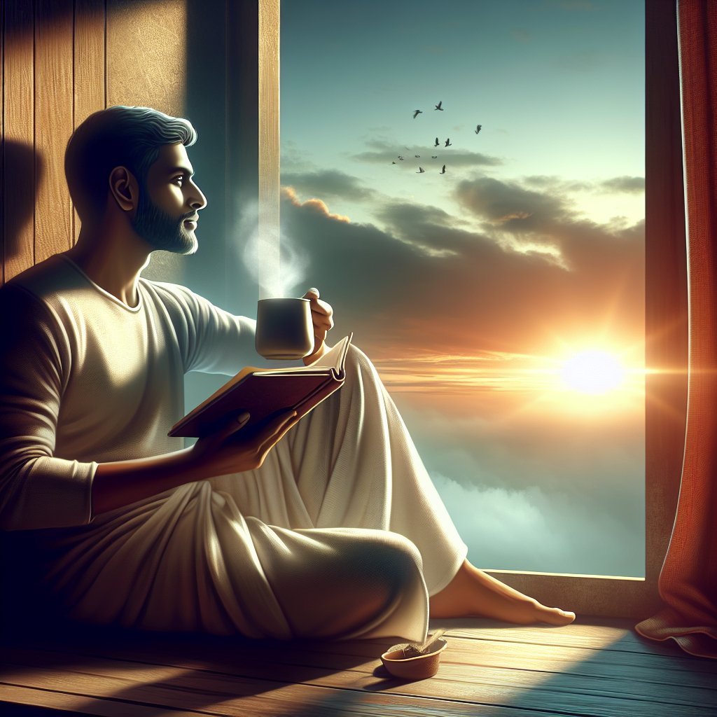 A serene morning scene with a person sitting by a window holding a journal and a cup of tea, gazing thoughtfully towards the sunrise, symbolizing the beginning of a mindful day with clear intentions.