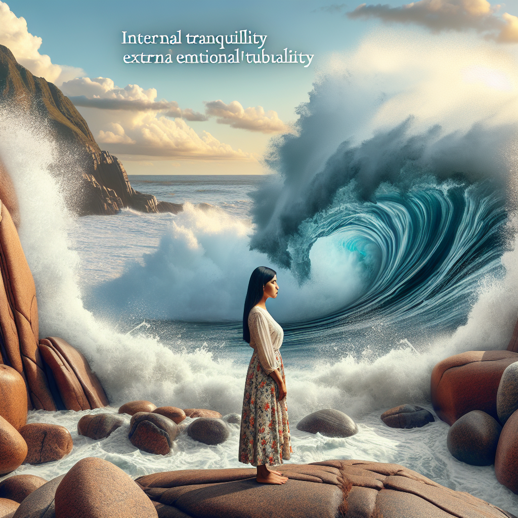 A serene scene depicting a person standing calmly on a rocky shore, with tumultuous waves crashing around them, symbolizing the contrast between inner peace and external emotional storms.