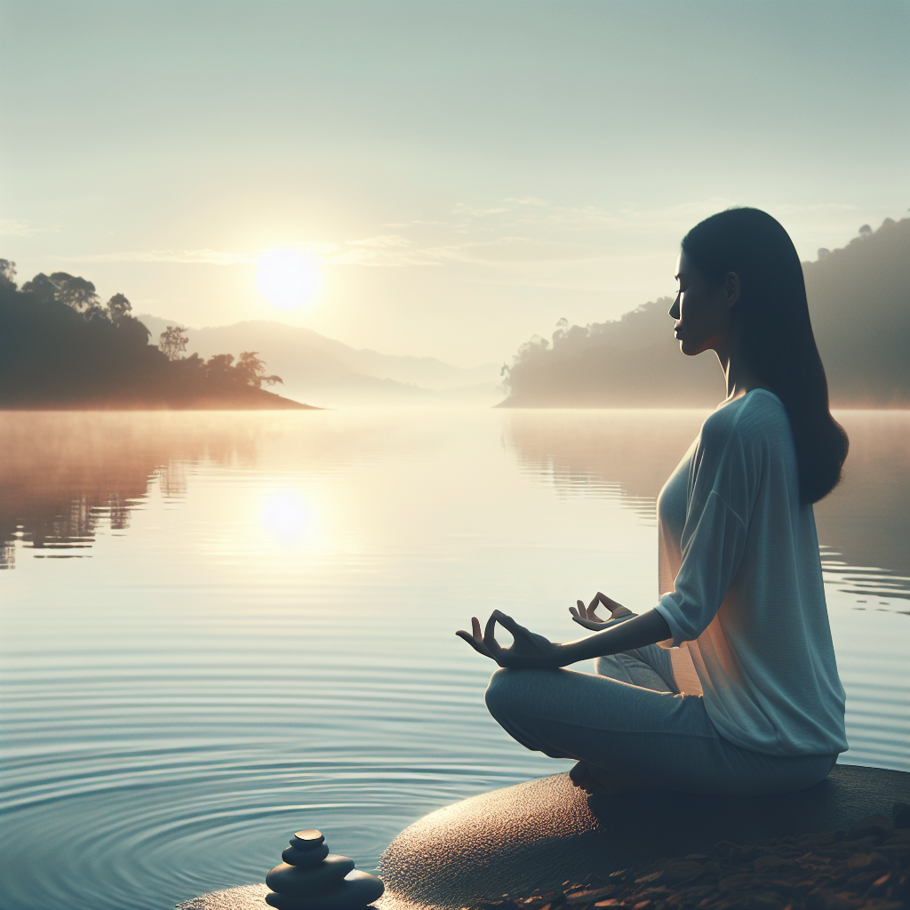 A serene individual sitting in a tranquil meditation pose by a calm lakeside during sunrise, with soft sunlight reflecting on the water, symbolizing inner peace and the quieting of the mind to foster creativity.