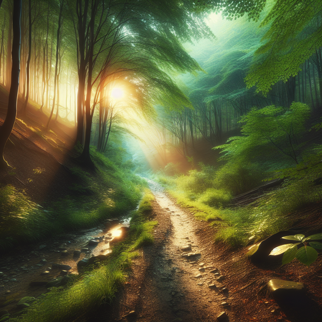A serene path winding through a lush forest at sunrise, symbolizing the beginning of a transformative journey towards self-discovery and personal growth.