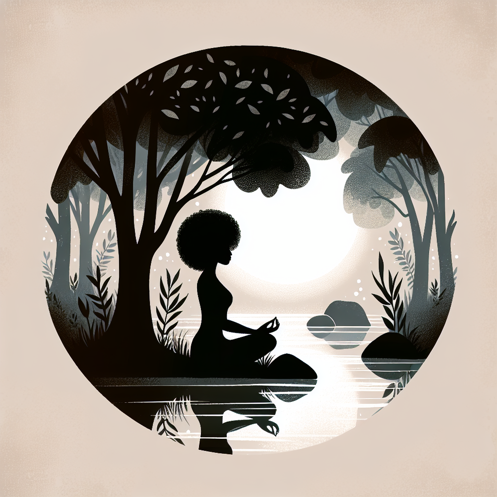 A serene scene of a person sitting in a peaceful natural setting, such as a quiet forest or by a calm lake, with eyes closed in meditation. Soft sunlight filters through the trees, creating a tranquil atmosphere that embodies the essence of mindful meditation and inner peace.