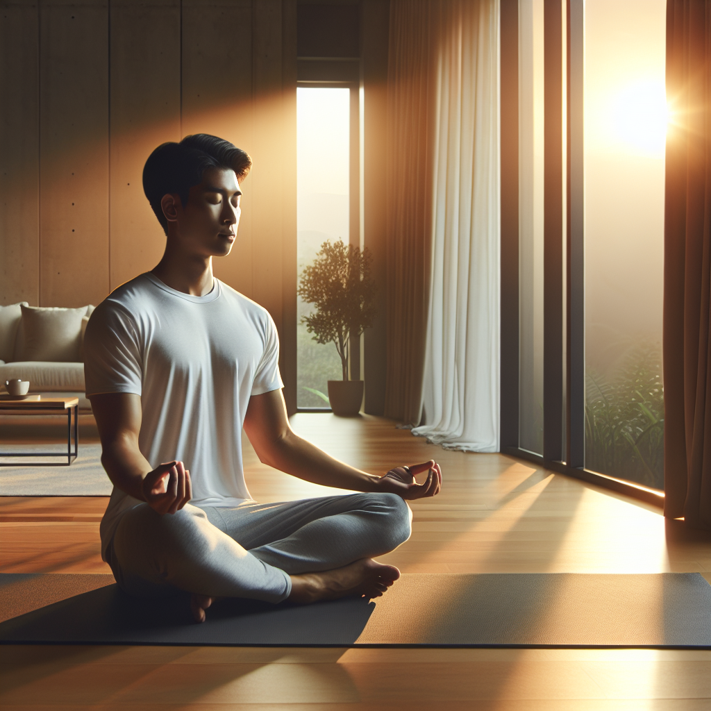 A serene morning scene featuring a person sitting quietly on a yoga mat by a large window, meditating with soft natural light streaming in. The background shows a peaceful home setting with minimalistic decor, embodying a calm and mindful start to the day.