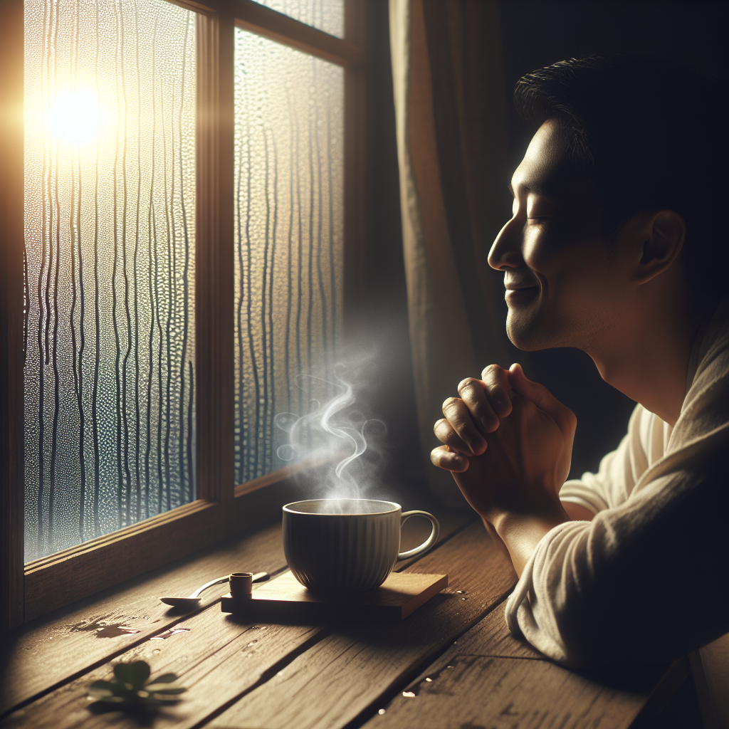 A serene morning scene featuring a steaming cup of coffee on a windowsill with soft natural light, raindrops gently tapping against the window, and a faint smile on a person’s face as they enjoy the peaceful start to their day.