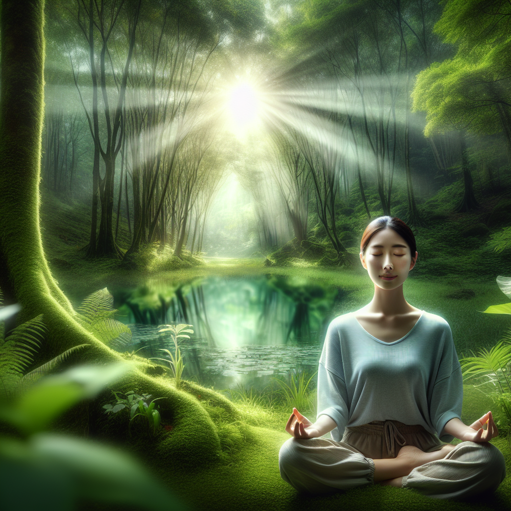 A serene image of a person sitting cross-legged in a peaceful natural setting, such as a lush forest or beside a tranquil lake, eyes closed in meditation. Soft sunlight filters through the trees, creating a calm and inviting atmosphere that embodies the essence of mindfulness and inner peace.
