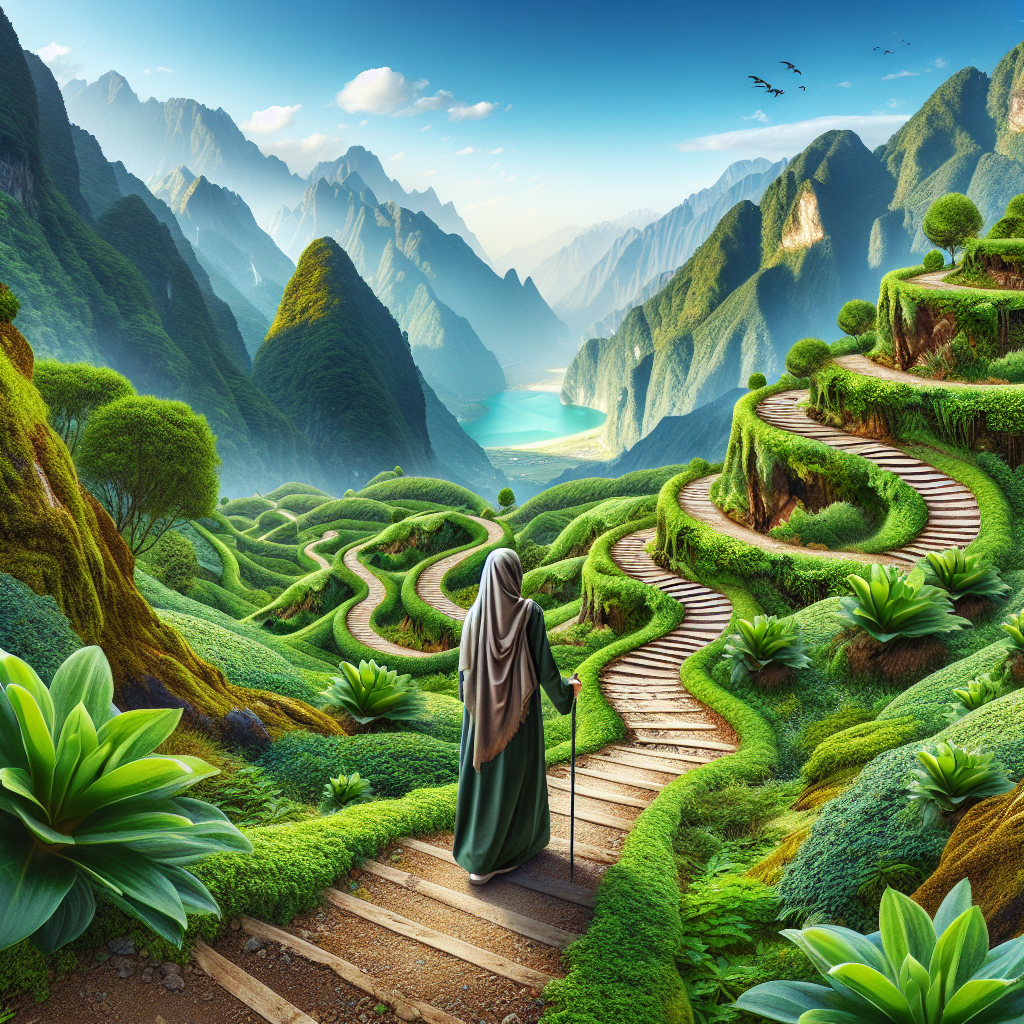A panoramic view of a breathtaking mountain landscape with a clear blue sky, where an individual is walking along a winding trail surrounded by vibrant greenery. The image captures the harmony between humans and nature, highlighting the therapeutic benefits of spending time outdoors.