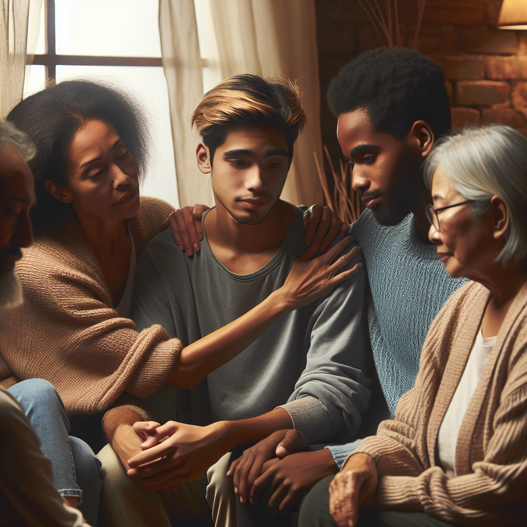 A heartfelt scene of a small group of friends or family members gathered in a cozy setting, engaging in deep conversation or sharing a warm embrace. The image emphasizes connection, support, and the emotional bonds that contribute to a balanced and fulfilling life.