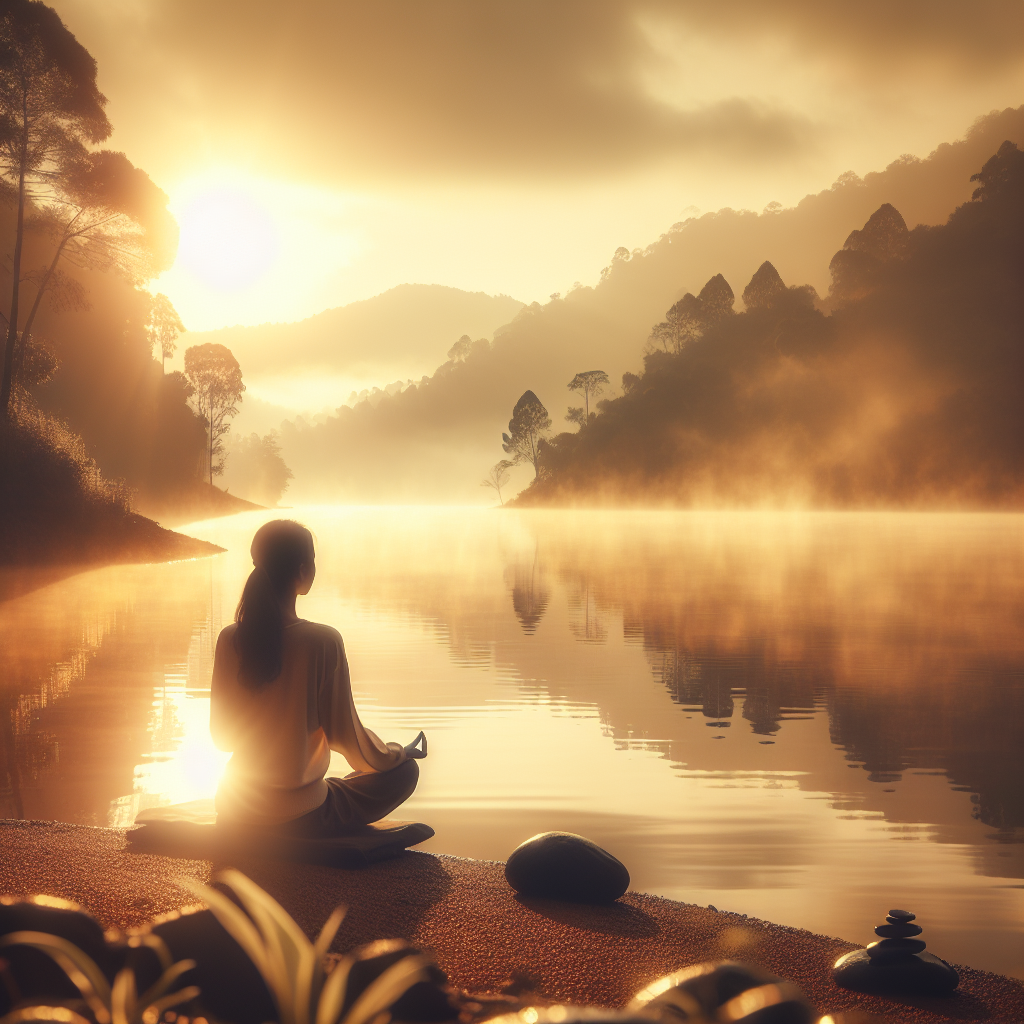 A serene setting featuring a person sitting peacefully in meditation by a calm lakeside during sunrise, with soft sunlight reflecting on the water and gentle mist rising, illustrating the tranquility and focus needed for inner reflection.