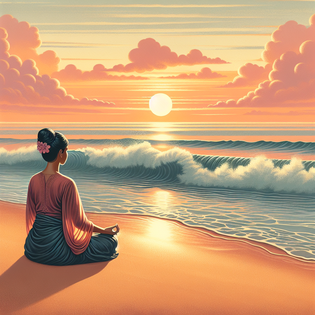A tranquil scene of a person sitting in meditation on a peaceful beach at sunrise, with gentle waves lapping the shore and the sky painted in soft hues of orange and pink, embodying the essence of mindfulness and inner calm.