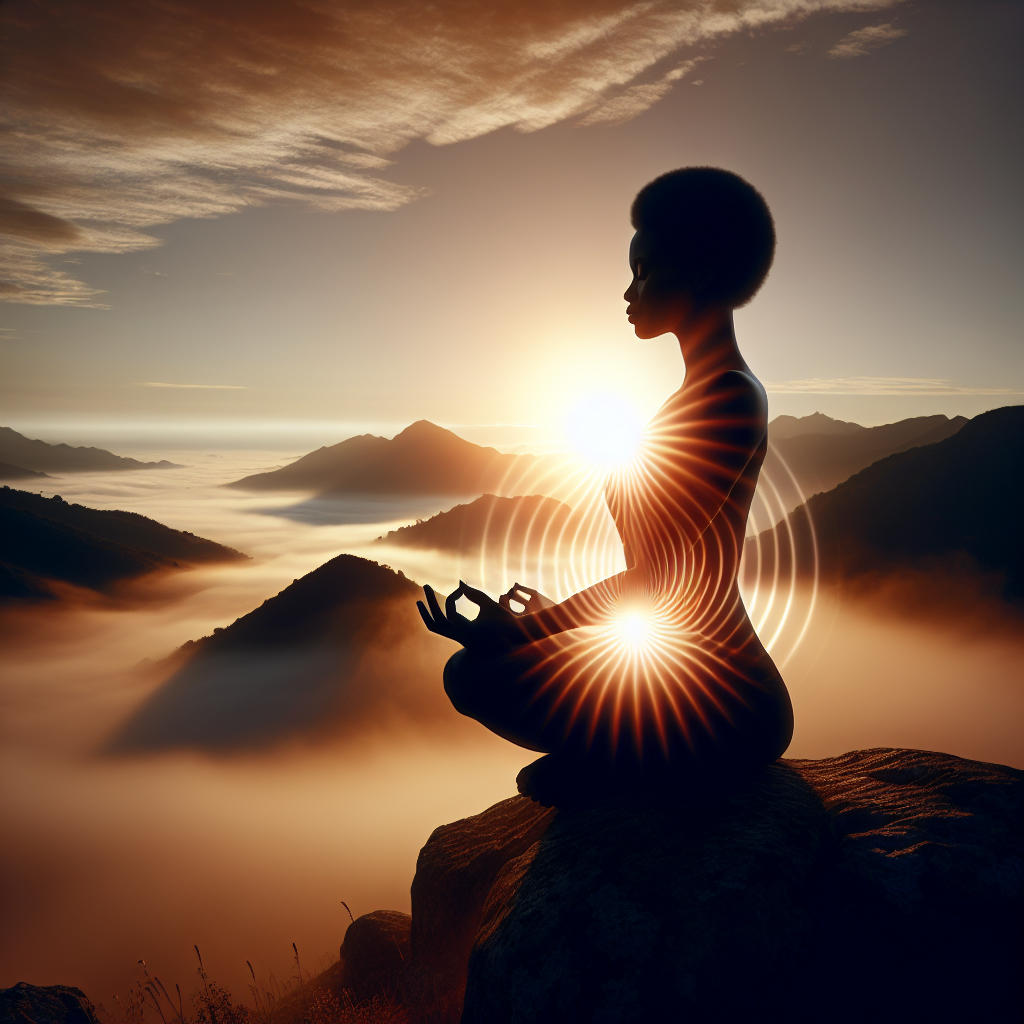 A serene individual sitting in a lotus position atop a mountain at sunrise, surrounded by a soft glow and subtle energy waves emanating from their body, symbolizing a deep connection to the universe and heightened spiritual awareness.