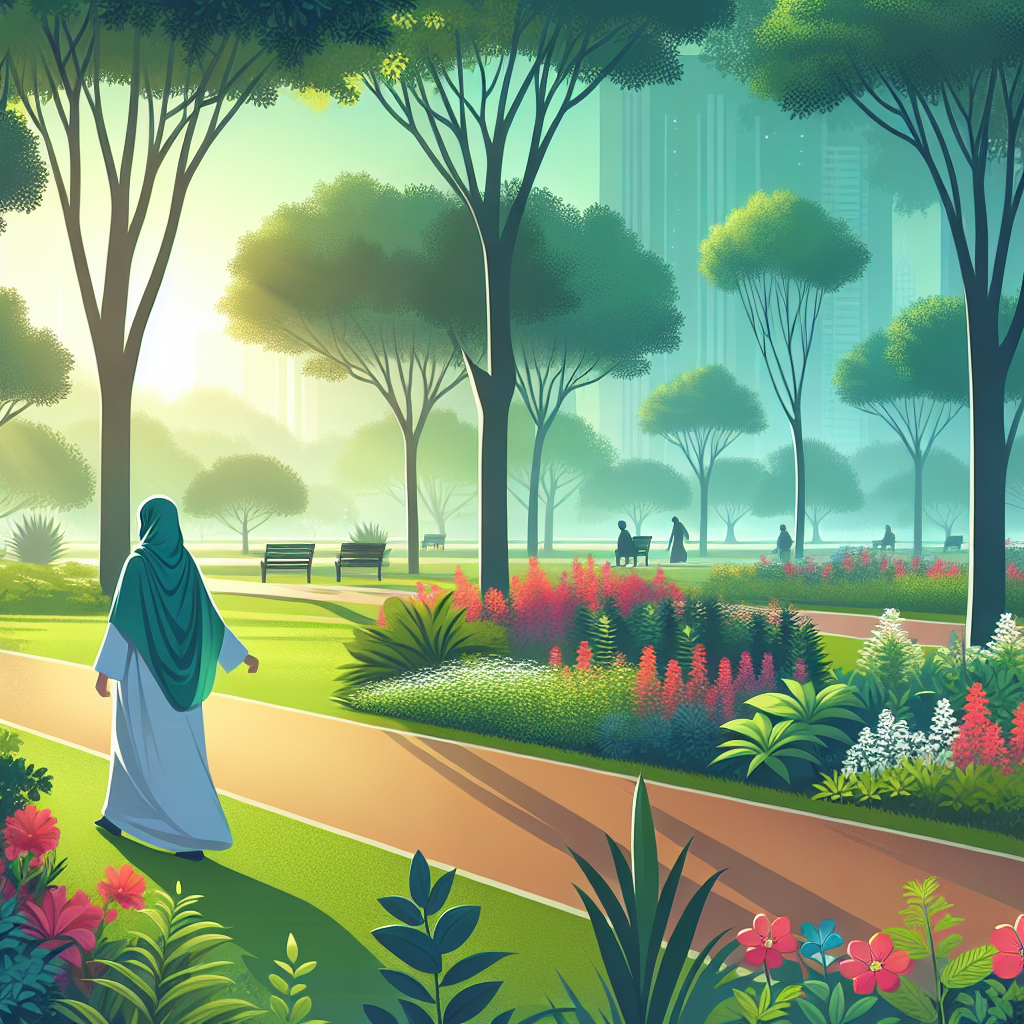 A peaceful early morning scene of a person walking along a verdant park trail, surrounded by tall trees and blooming flowers, capturing the essence of daily strolls and the rejuvenating impact of regular exposure to nature.