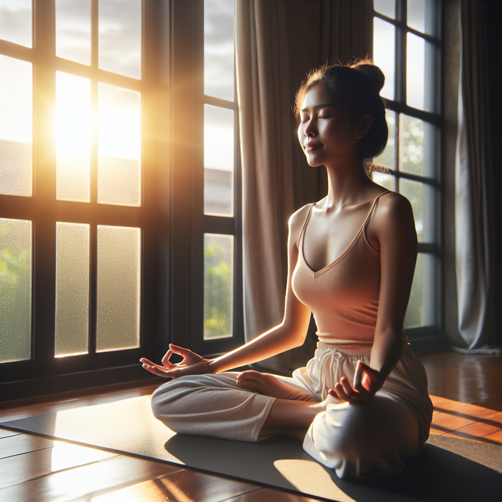 A serene morning scene with a person sitting cross-legged on a yoga mat by a large window, practicing mindful breathing. Sunlight streams in, highlighting the calm expression on their face and the peaceful environment, symbolizing the start of a mindful day.
