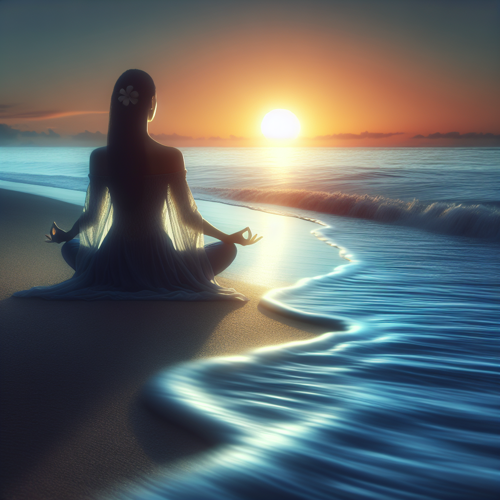 A tranquil scene featuring a person meditating at sunrise on a serene beach, with gentle waves lapping the shore and a soft, glowing horizon, symbolizing the quest for inner peace amidst the chaos of the modern world.