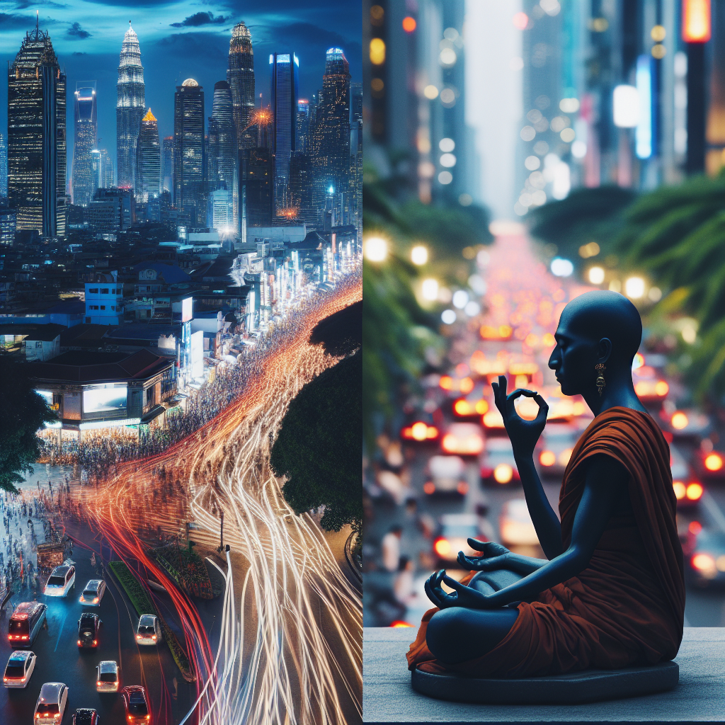 A bustling cityscape with blurred lights and busy streets juxtaposed with a peaceful, solitary figure meditating in a quiet park, illustrating the contrast between modern chaos and the pursuit of inner peace.