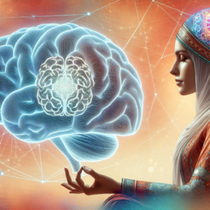 A high-resolution image of a person meditating with a transparent overlay of a brain scan highlighting the dopamine and serotonin regions, symbolizing the neurological impact of gratitude on the brain.