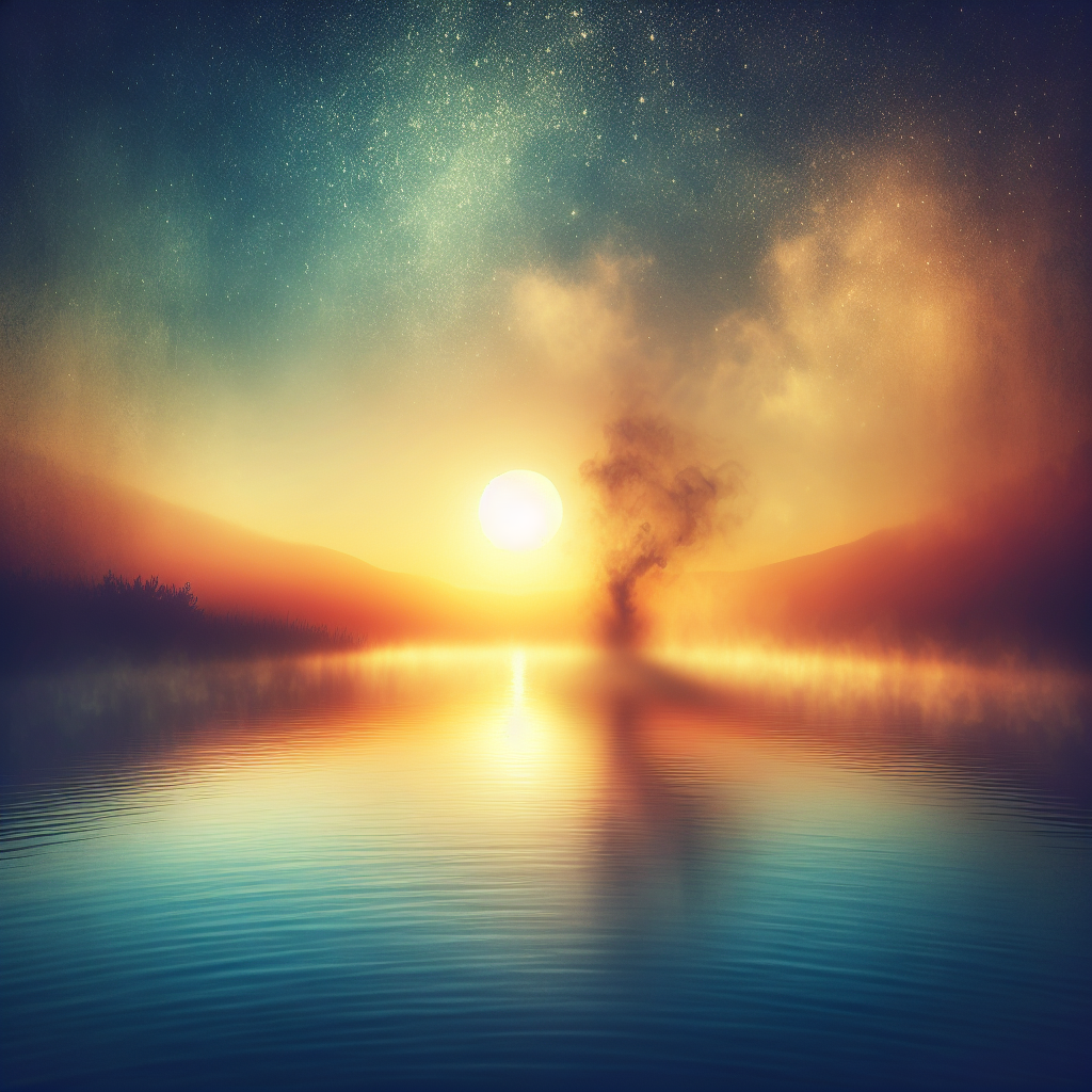A tranquil sunrise over a calm lake, with soft mist hovering above the water and light reflecting off the surface, symbolizing the peace and clarity that comes with mindful living amidst a hectic world.