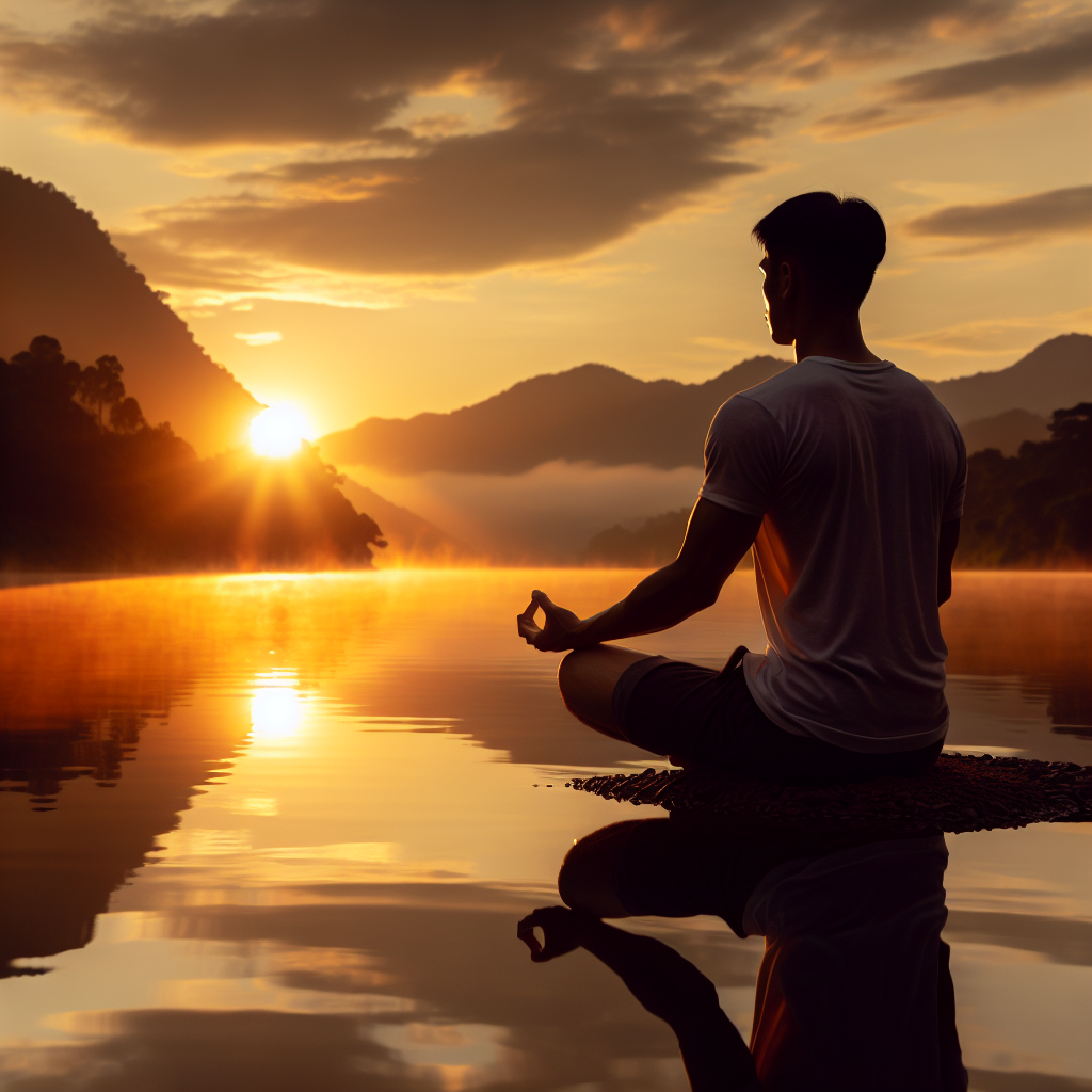 A serene image of a person meditating by a calm lakeside at sunrise, symbolizing the quest for mental clarity amidst chaos.