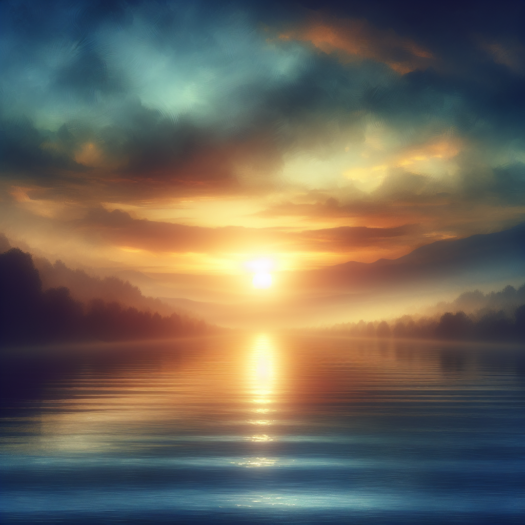 A serene sunrise over a calm lake, symbolizing the promise of a new day filled with lasting joy and inner peace. The gentle light reflects on the water, creating a tranquil and hopeful atmosphere.