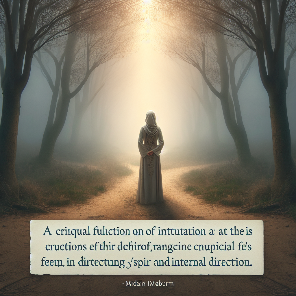 A serene image of a person standing at a crossroads in a misty forest, symbolizing the role of intuition in guiding life’s decisions. Soft light filters through the trees, creating an atmosphere of contemplation and inner guidance.