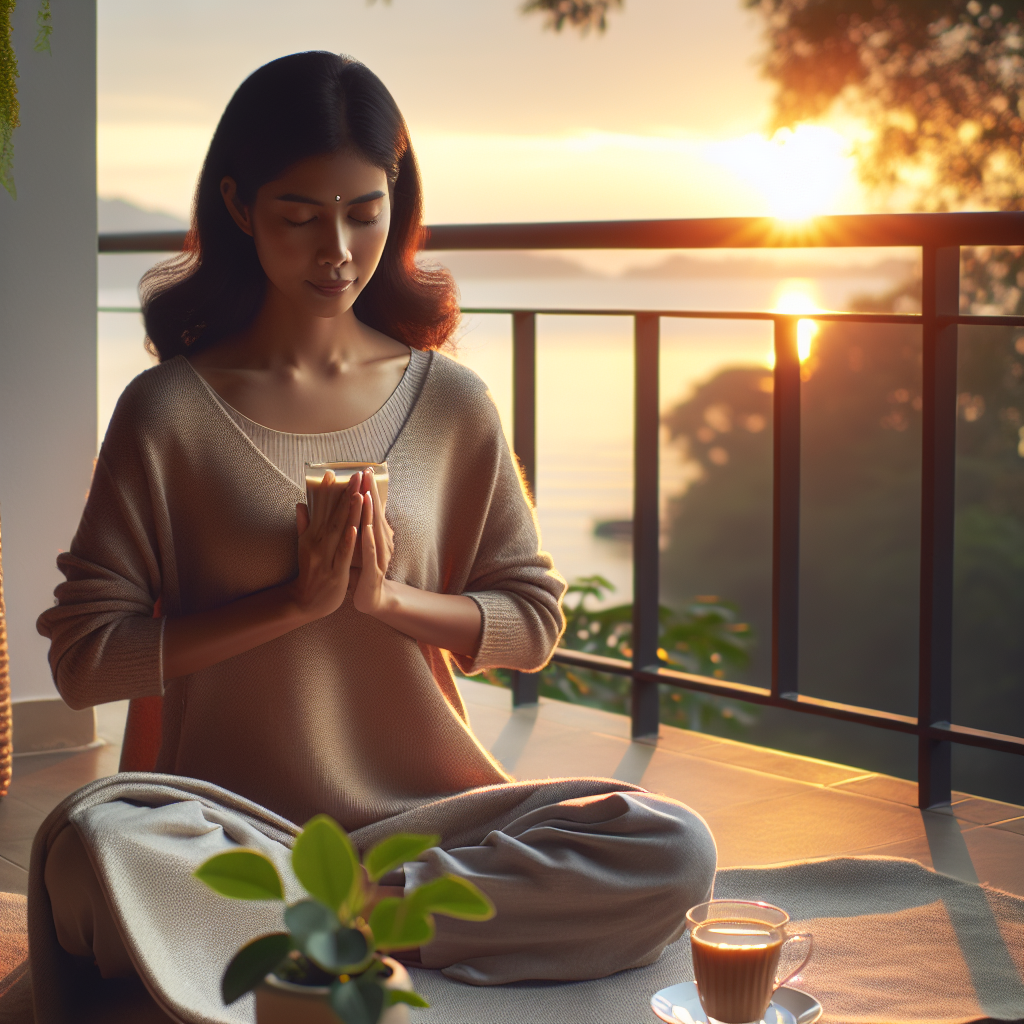 A serene morning scene with a person sitting peacefully on a balcony, practicing meditation with a sunrise in the background. The individual is holding a warm cup of tea, surrounded by soft morning light and gentle nature elements, conveying a sense of calm and intentional start to the day.