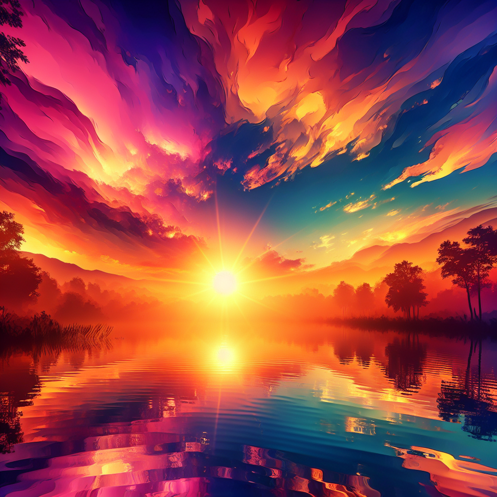 A serene sunrise over a calm lake, symbolizing new beginnings and the limitless potential of manifesting one’s reality. The sky is painted with vibrant hues of orange and pink, reflecting on the water's surface, evoking a sense of peace and inspiration.