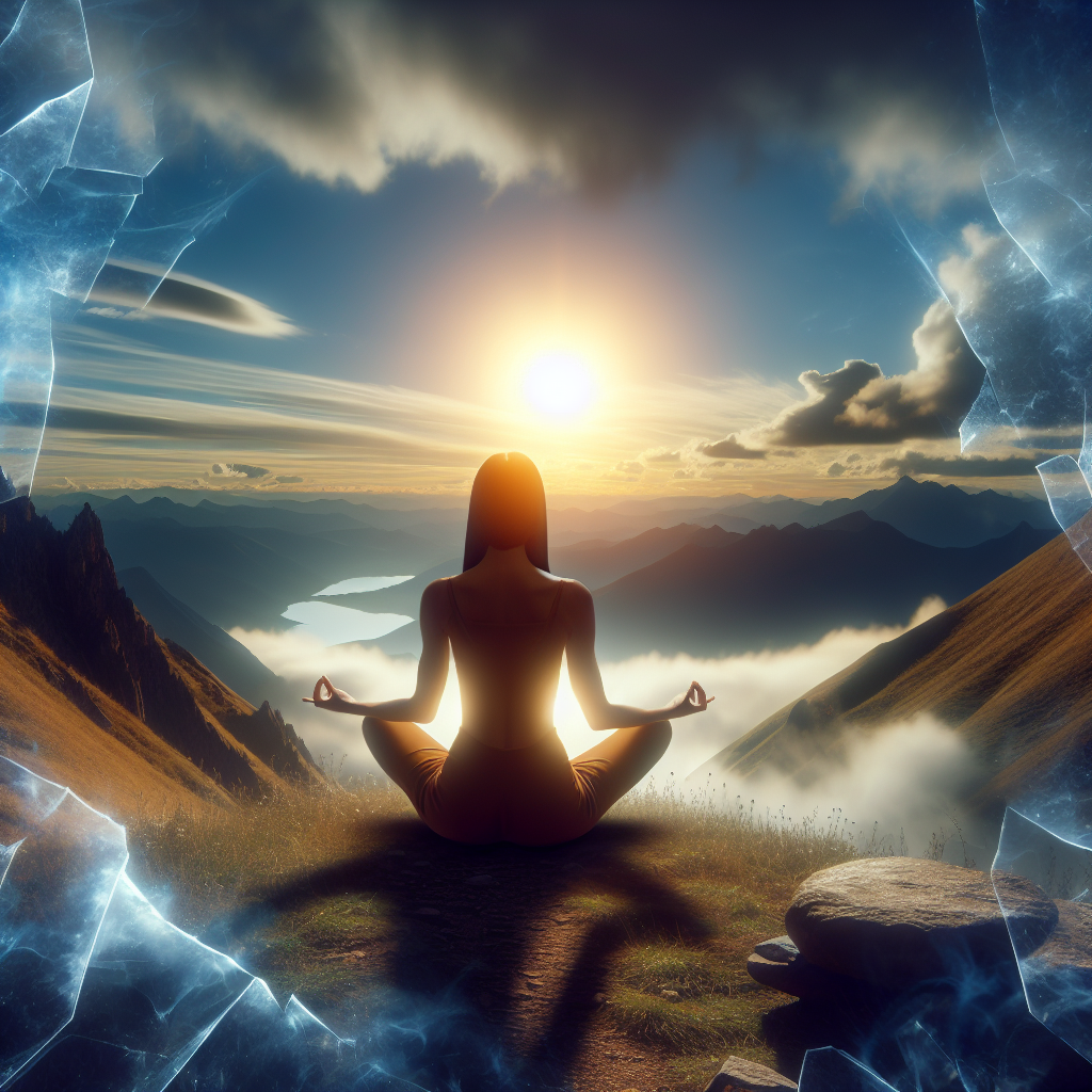 A serene image of a person meditating on a mountaintop during sunrise, symbolizing the journey of self-discovery and the breaking free from emotional and spiritual barriers.