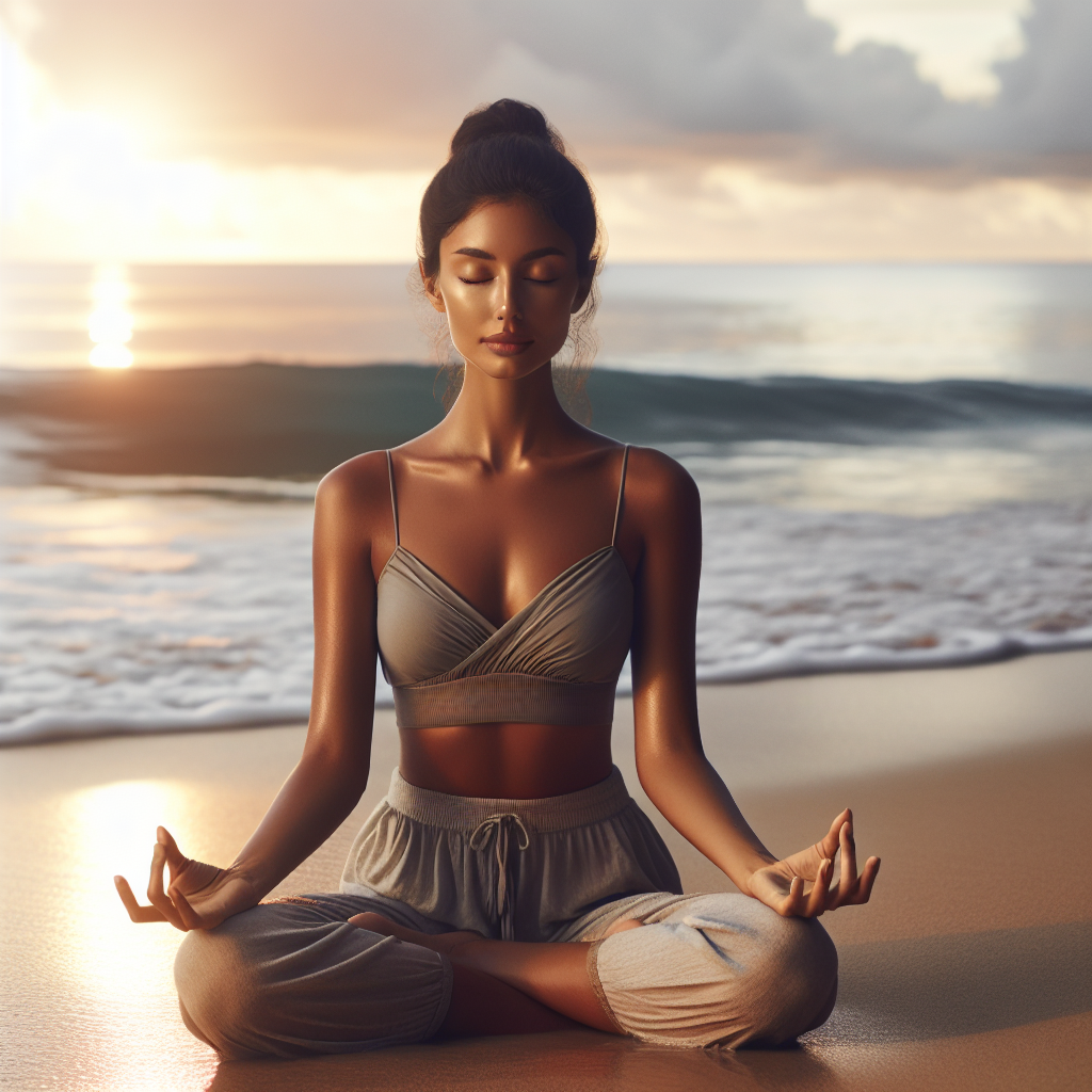 Serene individual seated in a lotus position on a tranquil beach at sunrise