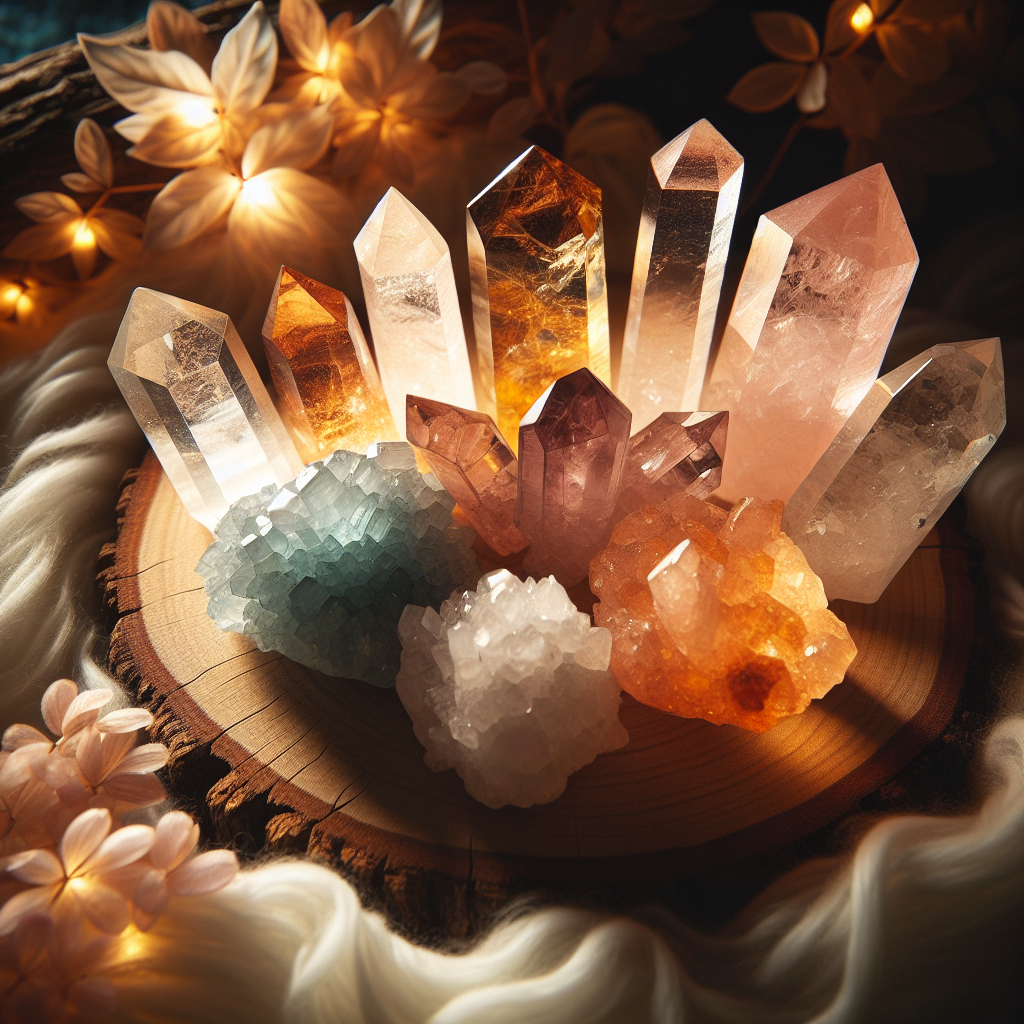 A vibrant arrangement of seven different crystals on a soft, natural fabric background, with gentle lighting highlighting their colors and facets, capturing the enchanting essence of crystal healing.