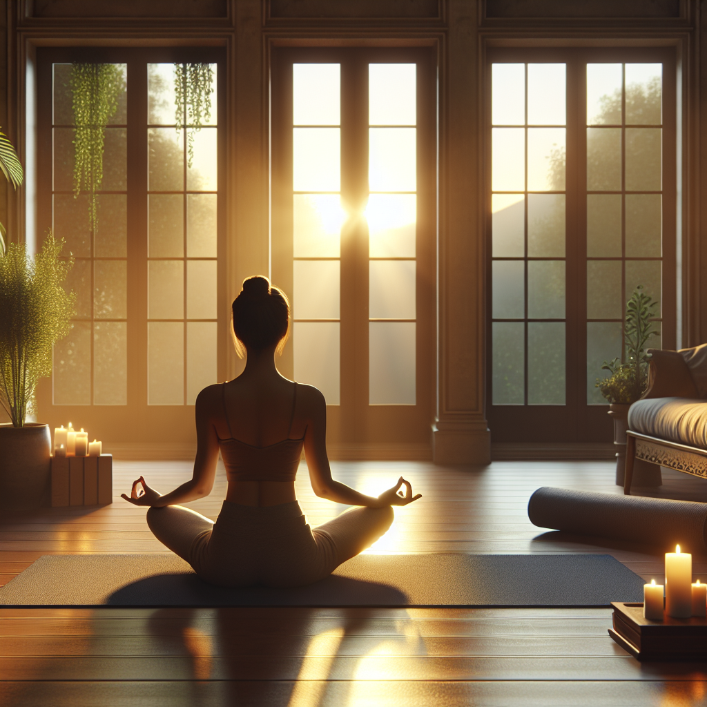 A tranquil sunrise scene with a person seated cross-legged on a yoga mat in a quiet room. Soft morning light streams through large windows, illuminating the individual in a meditative pose. Surrounding elements like candles, a small indoor plant, and a serene backdrop enhance the atmosphere of calm and focus.