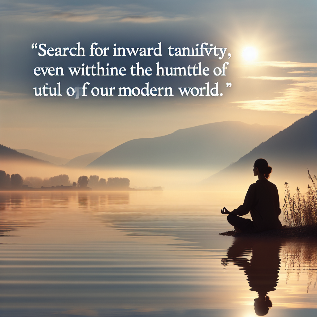 A serene sunrise over a calm lake with a silhouette of a person sitting in a meditative pose on the shore, symbolizing the pursuit of inner peace amidst the chaos of modern life.