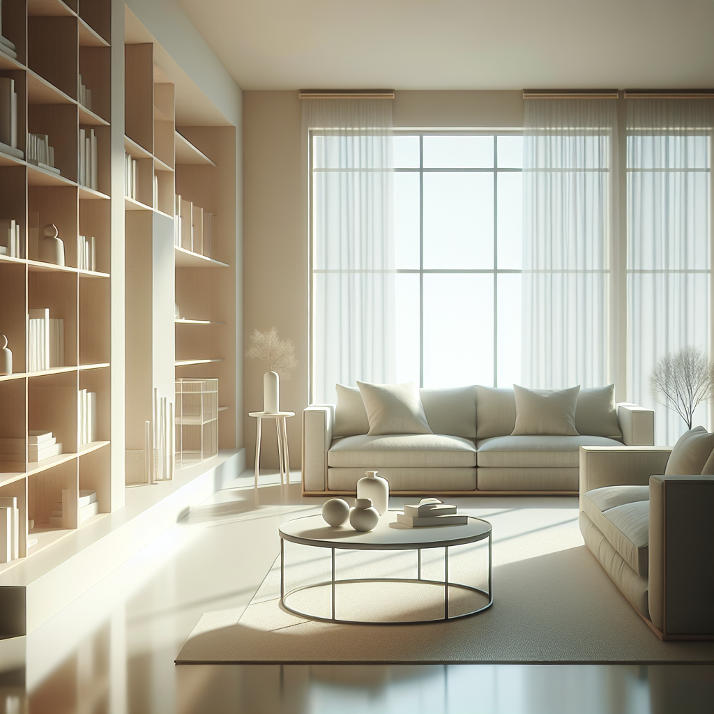 A serene, minimalist living room showcasing a tidy space with neatly organized shelves, a clutter-free coffee table, and soft natural light streaming through large windows, emphasizing the calm and mental clarity achieved by decluttering.