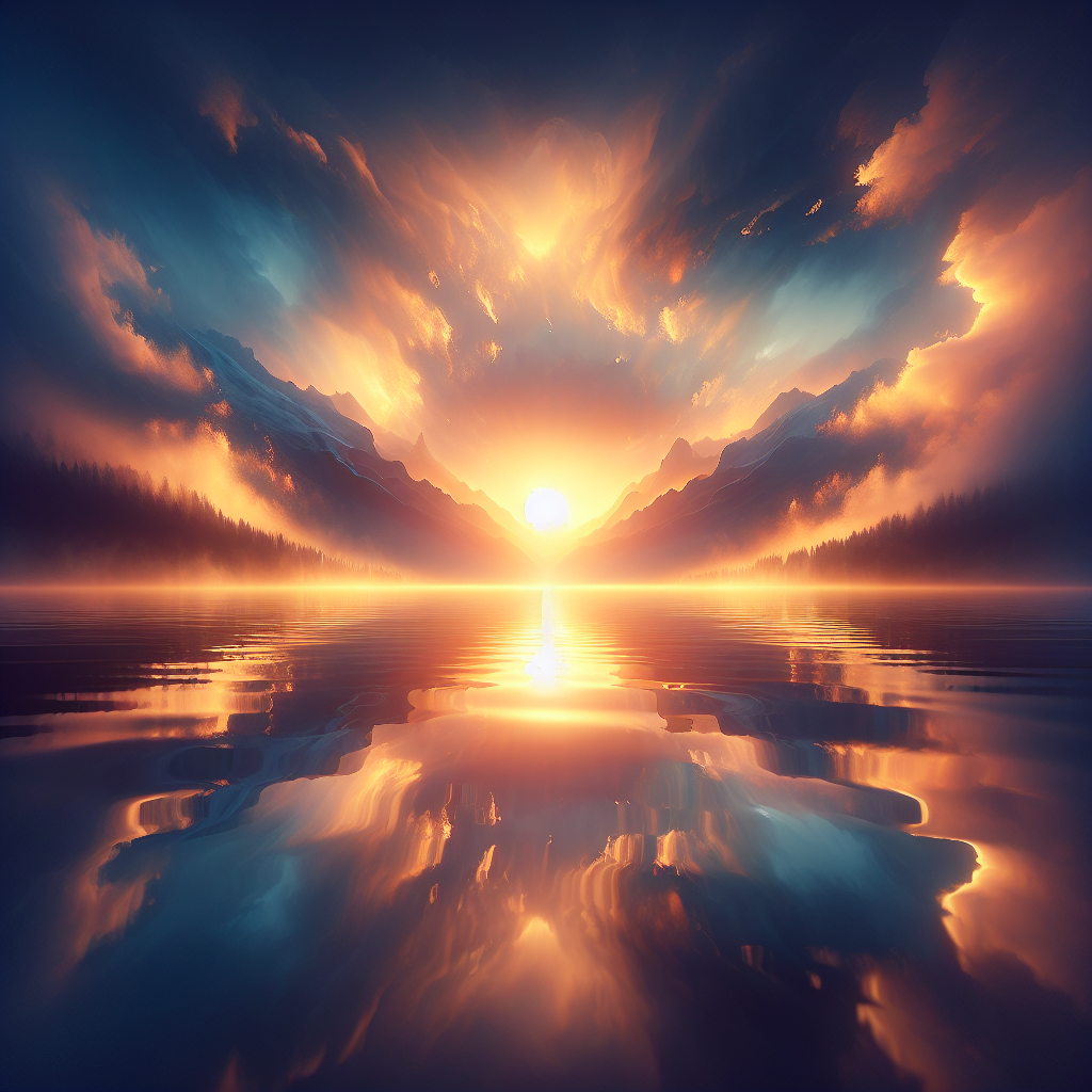 A serene sunrise over a calm lake, with soft light reflecting on the water, symbolizing the beginning of a transformative journey inward and the discovery of one's true self.