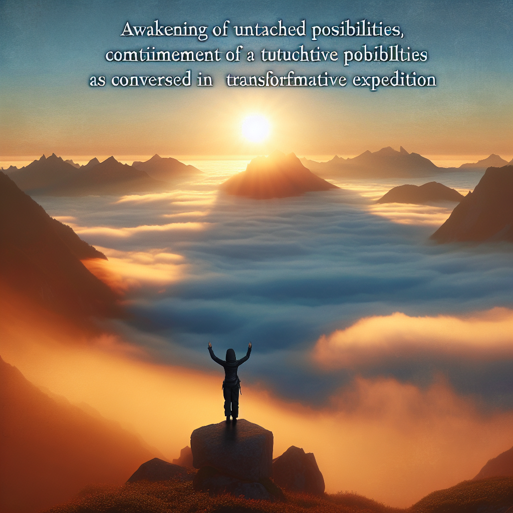 A serene sunrise over a misty mountain range, symbolizing the awakening of untapped potential and the beginning of a transformative journey. The soft golden light illuminates a lone figure standing at the peak, arms raised triumphantly, embodying the sense of purpose and empowerment discussed in the introduction.