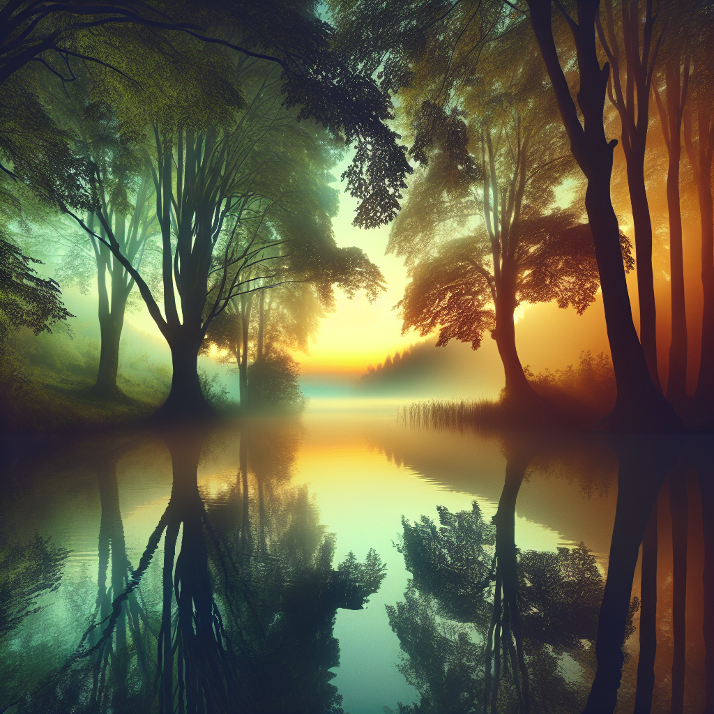 A tranquil morning scene with soft sunlight filtering through trees by a calm lake, representing the search for inner peace amidst the chaos of modern life.