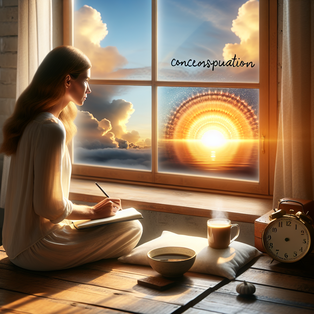 A serene morning scene featuring a person sitting by a window with a journal and a cup of coffee, gazing out at a sunrise. Sunlight streams through the window, casting a warm glow, symbolizing intentional reflection and the beginning of a mindful day.