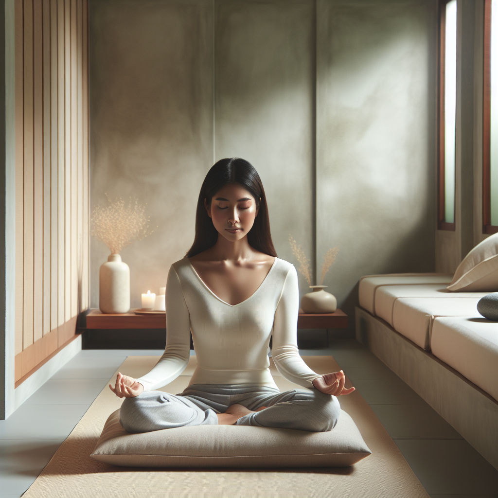 A serene indoor space with a person sitting in a lotus position on a cushion, eyes closed, surrounded by soft natural light and minimalist decor, emphasizing tranquility and mindfulness.