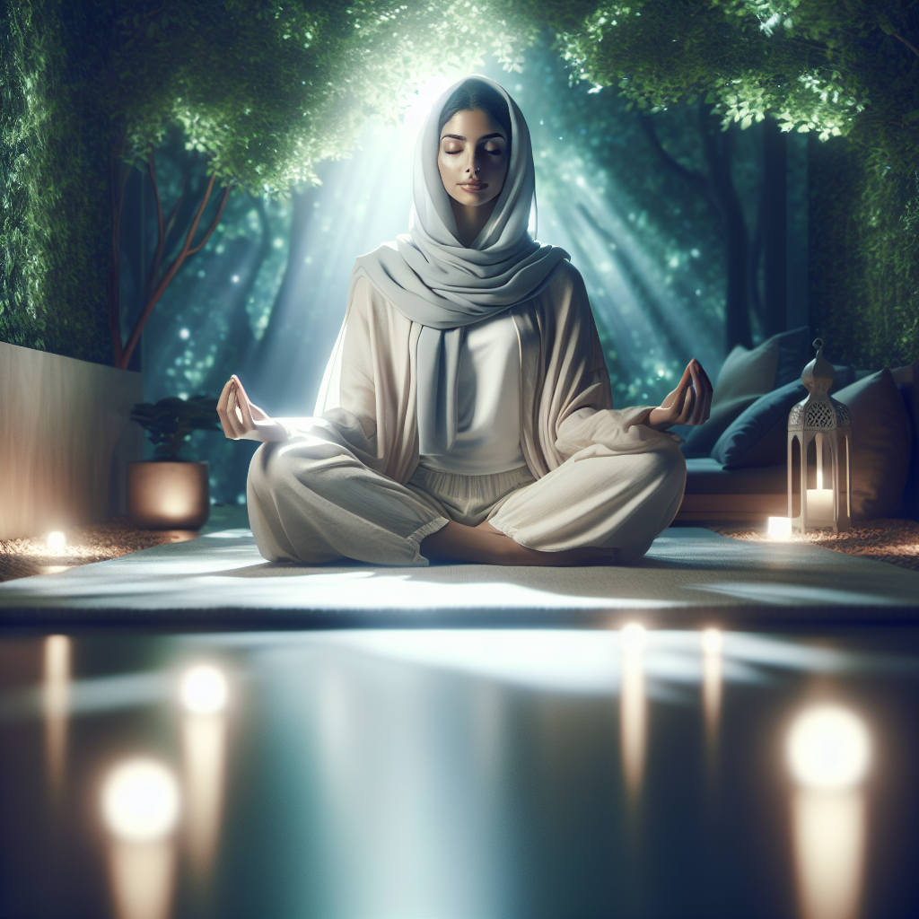 A tranquil scene of a person sitting cross-legged in meditation in a serene environment, such as a quiet room with soft lighting or outdoors in a peaceful natural setting, illustrating the practice of mindfulness and inner focus.