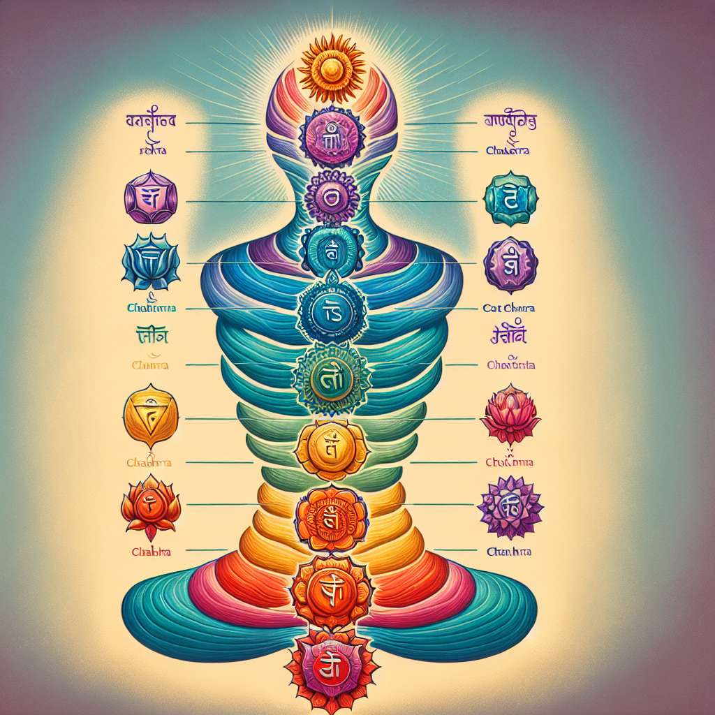 An illustrative diagram of the seven chakras aligned along the spine, each depicted with vibrant colors and symbolic icons representing their unique energy centers. The image includes labels for each chakra, from the root chakra at the base to the crown chakra at the top, set against a serene, gradient background that evokes a sense of spiritual harmony.